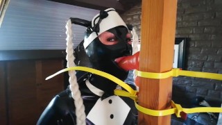 Miss maskerade latex hood gloves gagged handjob blowjob